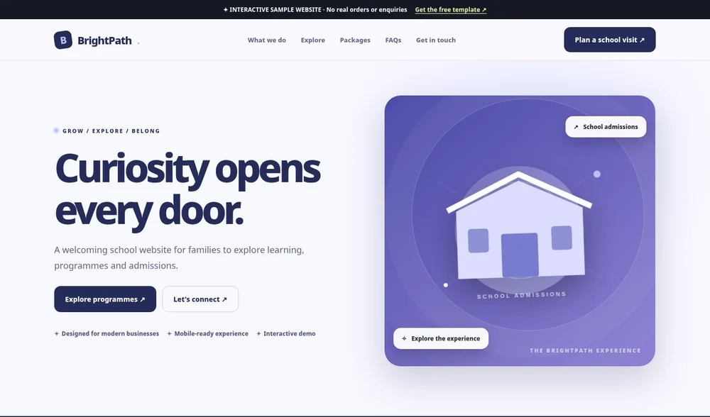 Actual website screenshot preview of Brightpath School