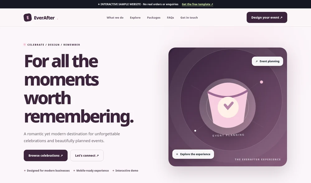 Actual website screenshot preview of Everafter Events