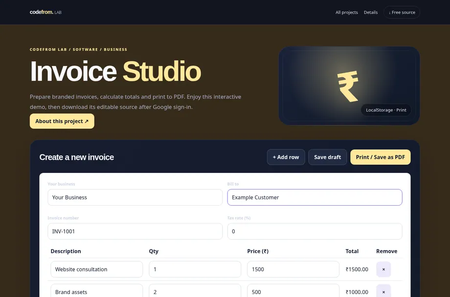 Invoice Studio live interactive demo
