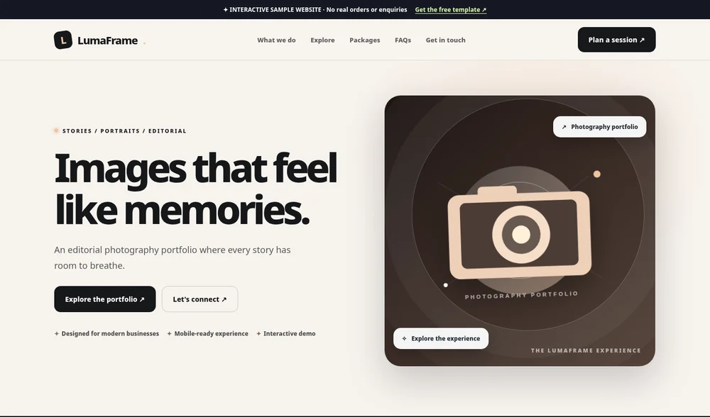 Actual website screenshot preview of Lumaframe Studio