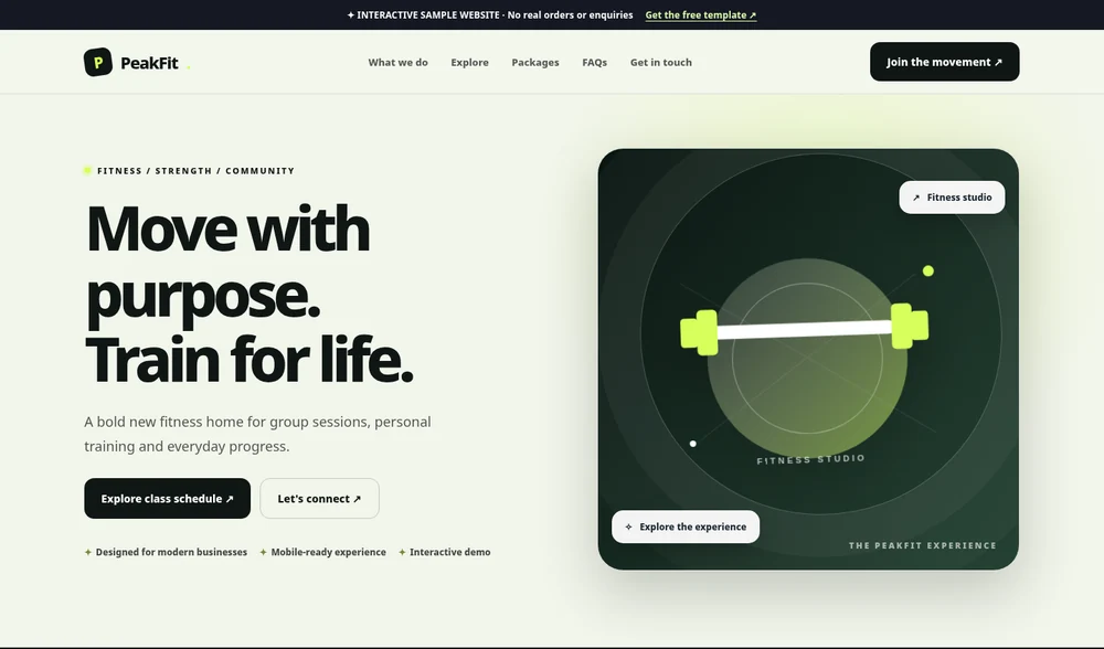 Actual website screenshot preview of Peakfit Gym