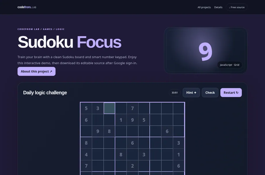 Sudoku Focus live interactive demo