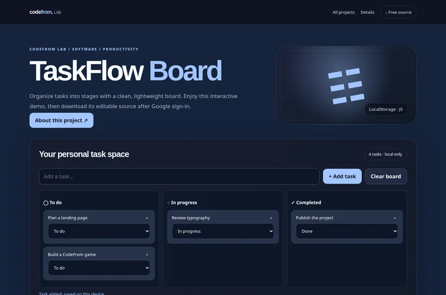TaskFlow Board live interactive demo