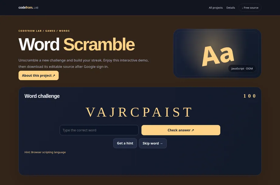 Word Scramble live interactive demo